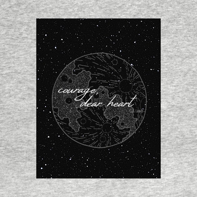 courage, dear heart- C.S. Lewis quote in starry night with moon illustration by Faeblehoarder